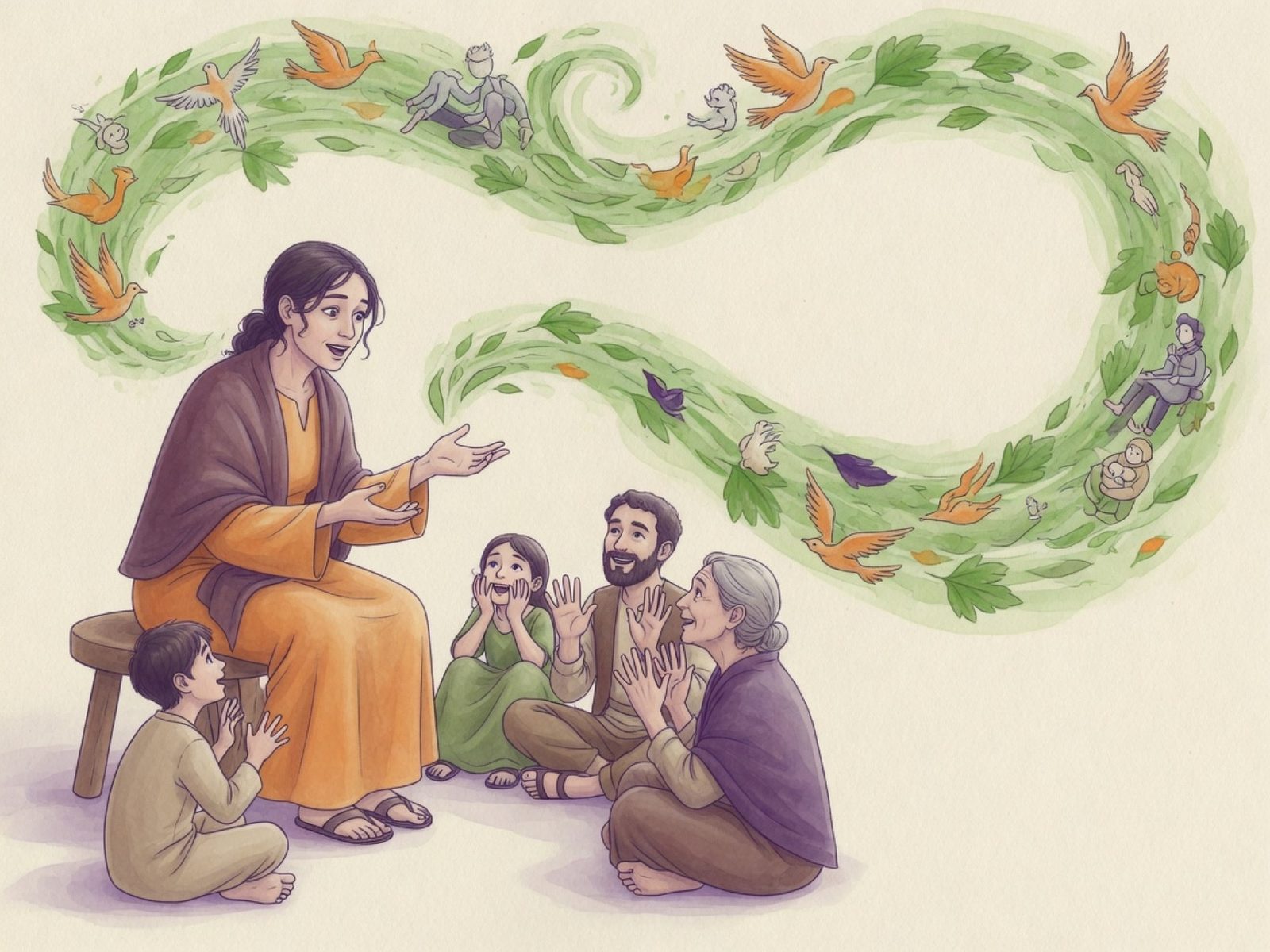 Une conteuse raconte à un cercle d'enfants et d'adultes, une spirale de feuilles et d'oiseaux s'élève de ses mains