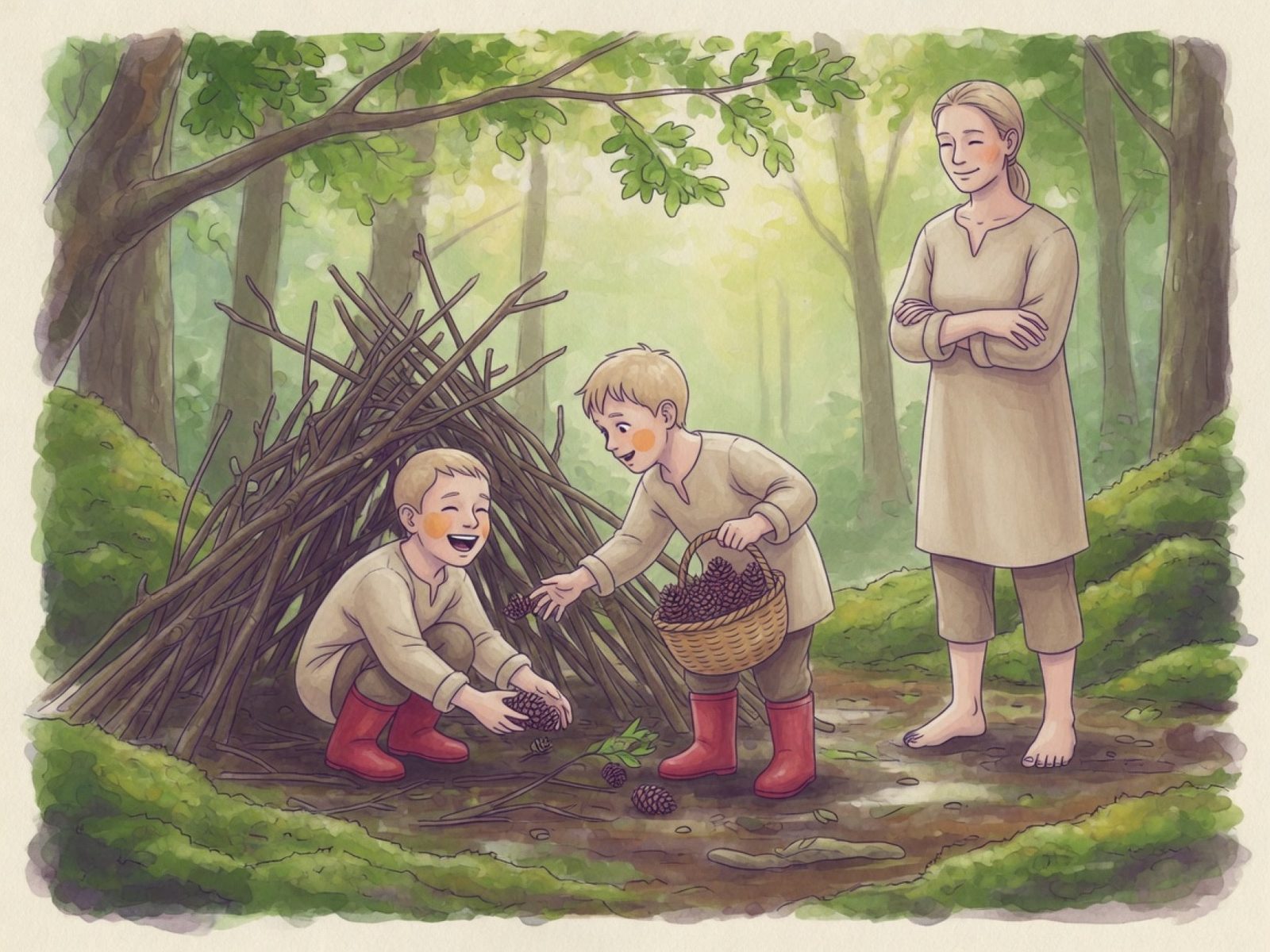 Des enfants en bottes construisent une cabane de branches en forêt
