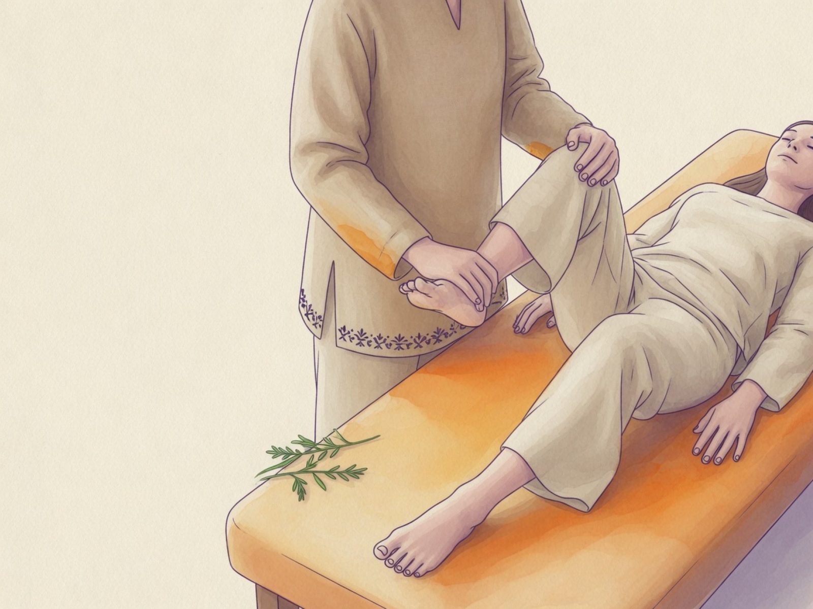 La praticienne soutient doucement le genou et le pied d'une personne habillée, allongée sur la table de soin